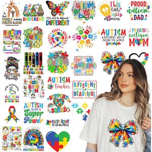 Kaciola 30 Sheets Autism Awareness DTF Transfers Ready to Press, Autism Iron on Transfers Stickers Iron on Decals for T Shirts Hoodie DIY Crafts
