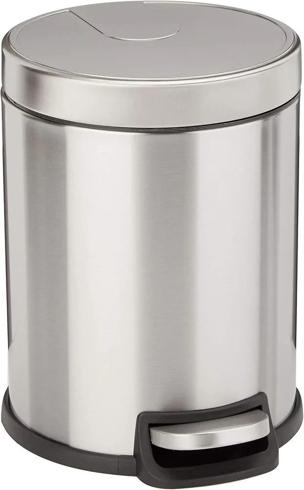 Amazon Basics Round Cylindrical Soft-Close Small Trash Can With Foot Pedal for Bathroom and small space, 5 liter/1.3 gallon, Brushed Stainless Steel