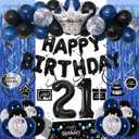 21st Birthday Decorations for Him Her, Blue Black Happy 21 Birthday Decorations for Men Women 21 Year Old Birthday Balloons Banner, Tablecloth, Fringe Curtains Hanging Swirls 21st Bday Party Decor
