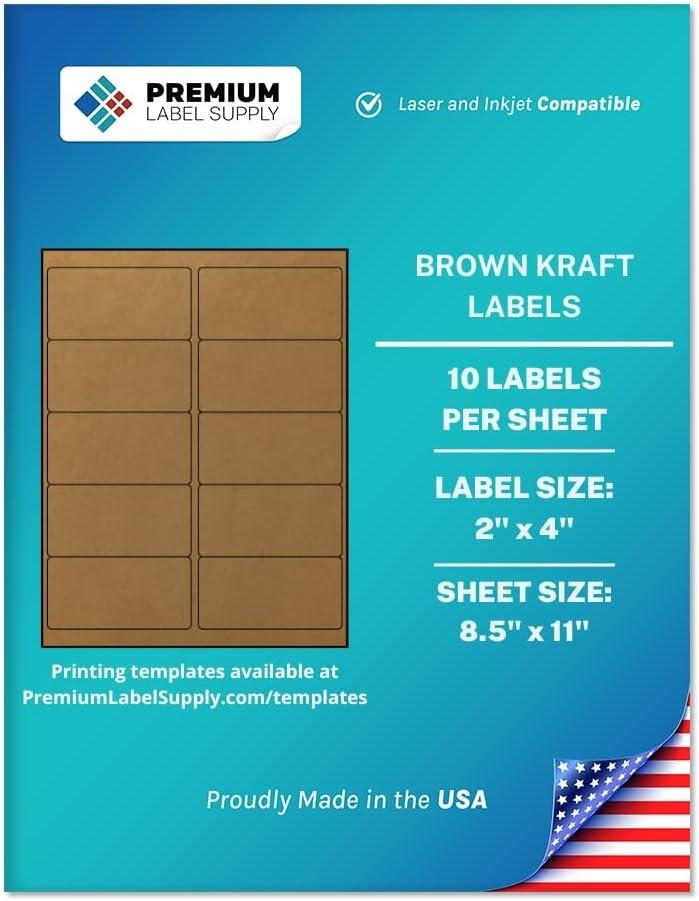Premium Label Supply Brown Kraft Sticker Labels  2" x 4"  Laser/Inkjet Compatible  (10 per Sheet), 25 Sheets  250 Total Adhesive Labels