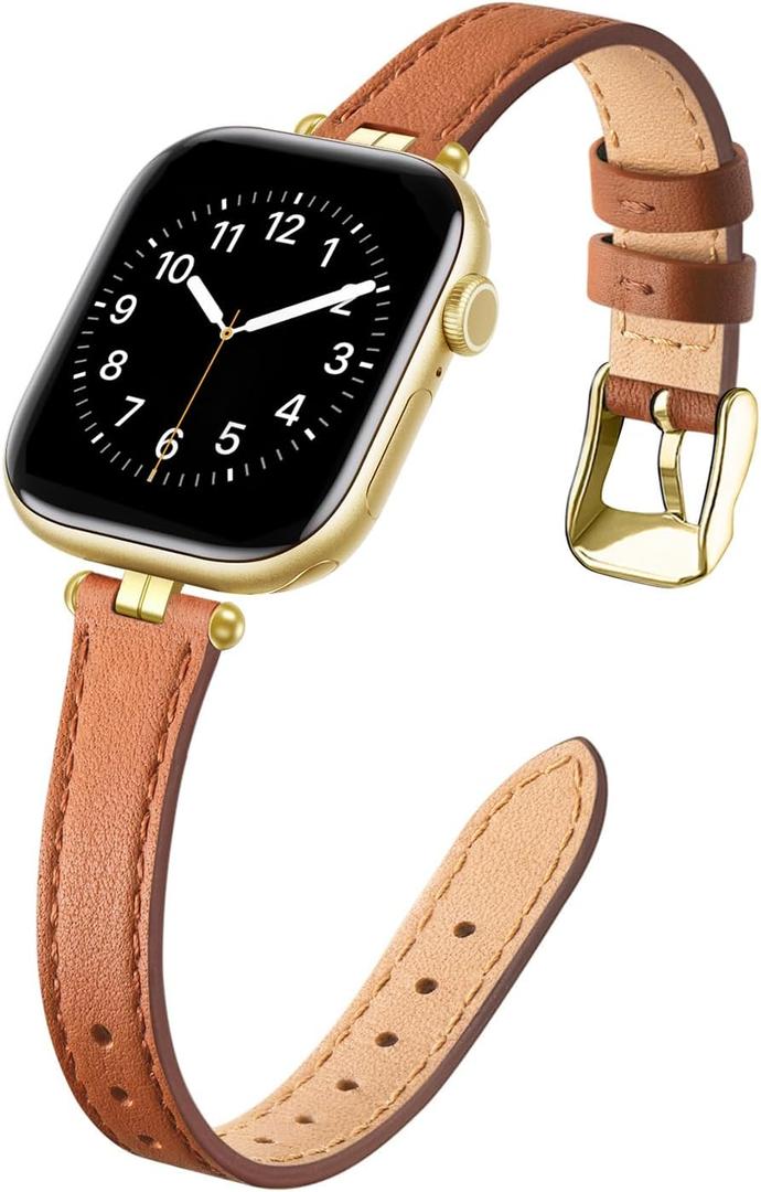 STIROLL Thin Leather Band Compatible with Apple Watch Bands 49mm 46mm 45mm 44mm 42mm (Series 3/2/1) Women, Stylish Top-Grain Leather Strap Slim Wristband for iWatch SE3/2/1 Series 10 9 8 7 6 5 4 Ultra, Brown/Gold