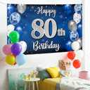 Happy 80th Birthday Decorations,80th Blue & Silver Balloon Large Birthday Banner Backdrop Sign,Cheers to Eighty Years Old Bday Party Supplies.