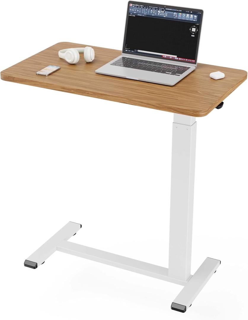 Ywin Hospital Bedside Table with Wheels, Pneumatic Lift, Light Rustic BrownWood top, 25-40in adjustable, 66lbs, rolling casters, mobile portable overbed table for bedside, home, patient care,medical