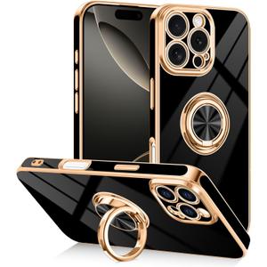 Tnarru Designed for iPhone 16 Pro Max Case with Ring Stand, 360 Rotatable Holder Support Magnetic Car Mount Soft TPU Plating with Full-Covered Lens Protection Phone Case for iPhone 16 Pro Max Black