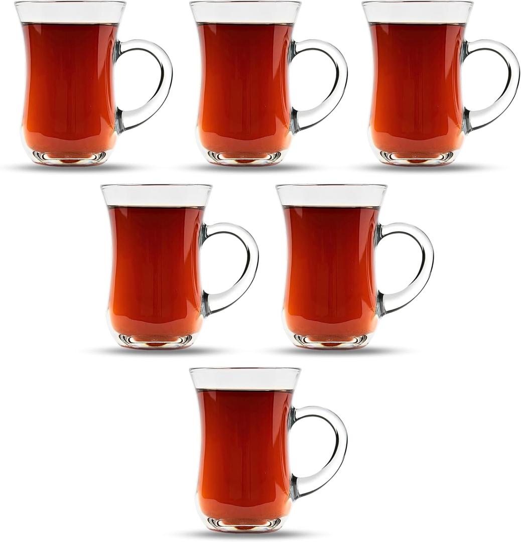 Turkish Tea Glasses With Handle - 6 pcs Tea Cups, Slim Waist Design and Thick Sole Prevent the Tea From Getting Cold, Capacity 145cc, 4 3/4 Oz, 2.5" x 4H