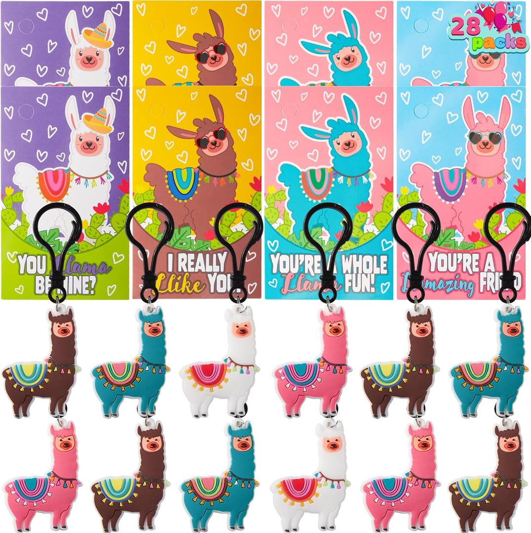JOYIN 28 Pack Valentines Day Gifts Cards for Kids with Llama Keychain for Valentine's Classroom Exchange Cards and Valentines Party Favor