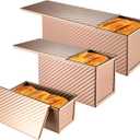 3 Pcs Pullman Loaf Pan with Lid, 2.2lb/1lb/0.5lb Dough Capacity, Non-Stick Carbon Steel Bread Pans for Homemade Bread Sandwich and Toast, Sourdough Loaf Pan with Lid, Corrugated Toast Mold (Golden