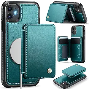Compatible with Magsafe for iPhone 12/12 Pro Wallet Case Magnetic Card Holder, RFID Blocking 2 in 1 Detachable Kickstand Shockproof Cover for Women Men, Bluish Green