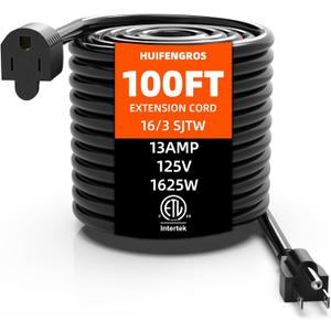 100 FT Outdoor Extension Cord, Black Extension Cord Waterproof, 16 Gauge 13Amps 125V, SJTW, ETL Listed, Indoor/Outdoor Use