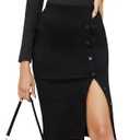 Byinns Women's 2025 High Waist Pencil Skirt Button Slit Work Skirts Plaid Business Bodycon Midi Skirt Knee Length (Large, Black)