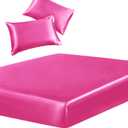 SiinvdaBZX 3-Piece Set Satin King Fitted Sheet & 2 Pillowcase, Hot Pink Silky Soft Fitted Bottom Sheet, Wrinkle Free, Fade Resistant, Deep Pocket Bed Sheet (Deep Up to 15")