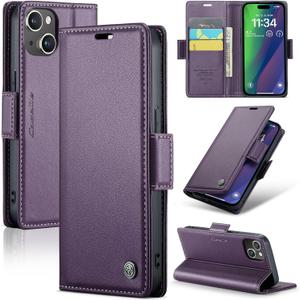 AUPAI for iPhone 14 Wallet Case with Credit Card Holder, PU Leather RFID Blocking Folio Flip Kickstand Magnetic Clasp Protective Phone Cover for Women Men 6.1 Inch Purple
