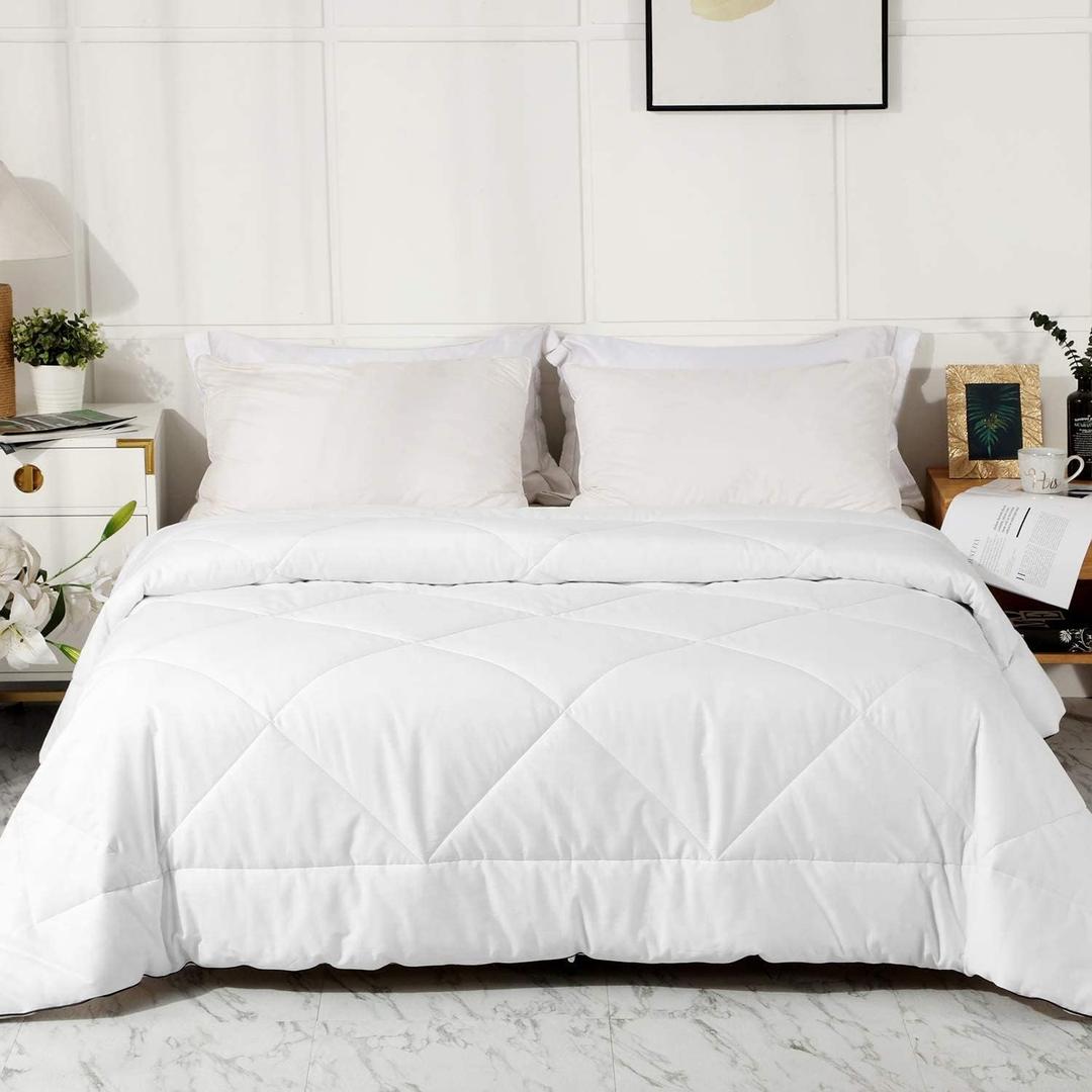2025 Premium Upgraded Non-Vacuum Bed Quilt All Seasons 100% Cotton Filled Comforter - Reversible Lightweight Soft Breathable Fluffy (Pure White, Full/Queen)