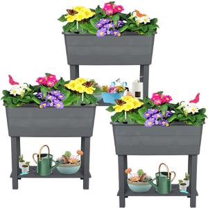 3 Pcs Self Watering Elevated Raised Garden Bed, Large Outdoor Plastic Planter Box Big Flower Plant Pot for Planting Flowers Vegetables and Herbs (3, Dark Grey)