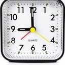 Small Analog Travel Alarm Clock, Battery Operated Desk Table Shelf Clock for Kids, Quieter Bedside Alarm Clocks for Bedrooms Bathroom Living Room Kitchen, Black