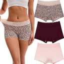 INNERSY Women's Lace Underwear Cotton Soft Boyshorts Panties Boxer Briefs 3-Pack (Medium, Leopard/Light Pink/Red)