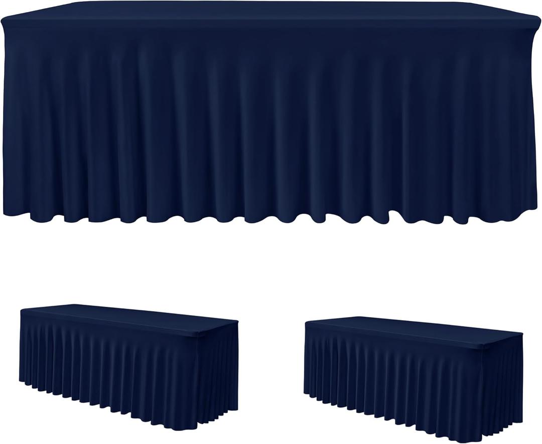 HolidayIdeas 4ft Spandex Tablecloth 2 Pack Fitted Stretch Table Skirts 24x48 Inch,Navy Blue Ruffle Design Wrinkle-Free Polyester Table Cover for Vendor Booth, Parties Banquets, Events