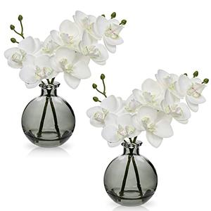Oairse White Orchids Artificial Flowers Faux Orchid Arrangement with Black Glass Vase 1 Pack Real Touch Phalaenopsis Orchid Flowers Orchid Centerpiece for Dining Room Table