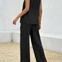 Tankaneo Womens 2 Piece Linen Sets Summer Outfits Sleeveless V Neck Botton Down Tank Tops and Pants Matching Set (Black, L)