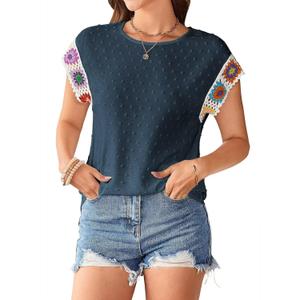 Womens Summer Tops 2025 Boho Tops for Women Color Crew Neck Short Sleeve Casual Blouse (Large, Blue)