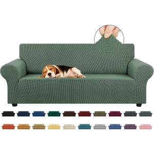 KEKUOU Stretch Sofa Cover Slipcover Couch Covers for 3 cushion couch sofa pet friendly (78"-94") Furniture Protector Sofa with Elastic Bottom for Kids,Dog, Jacquard Small Checked(Large,Greyish Green)