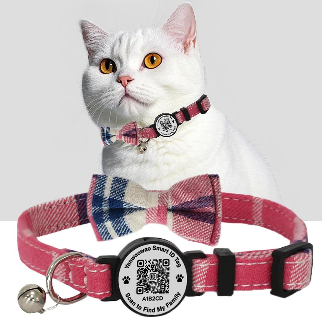 Breakaway Cat Collar with Bell & Bow Tie Soft Cotton Adjustable Kitten Collar with QR Code ID Tag for Indoor and Outdoor Cat (Pink)