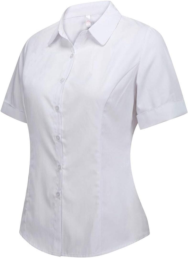 Double Plus Open Women's Basic Cotton Stretch Dress Shirt Short Sleeve Blouse (Medium, White)