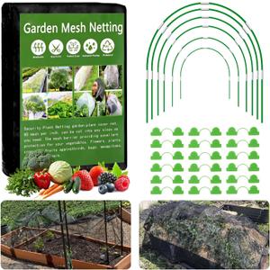 Garden Mesh Netting Kit, 10x30FT Black Ultra Fine Netting & 6 Sets 8FT Fiberglass Garden Hoops, Garden Netting with Frame for Raised Beds, Garden Hoops and Netting for Row Cover, Plant Insect Barrier