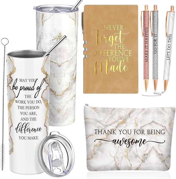Domensi 6 Pcs Employee Appreciation Gift for Women Teacher Nurse Week Thank You Gift May You Be Proud 20 oz Rustic Marble Sign Tumbler Makeup Bag Journal for Graduation Work Business(Brown)