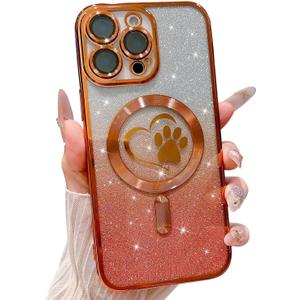 for iPhone 16 Pro Max Case, Glitter Clear Cute Paw Love Heart, Compatible with MagSafe, Strong Magnetic Full Camera Lens Protection Cover, Soft Slim Bling Phone Case 6.9" - Orange