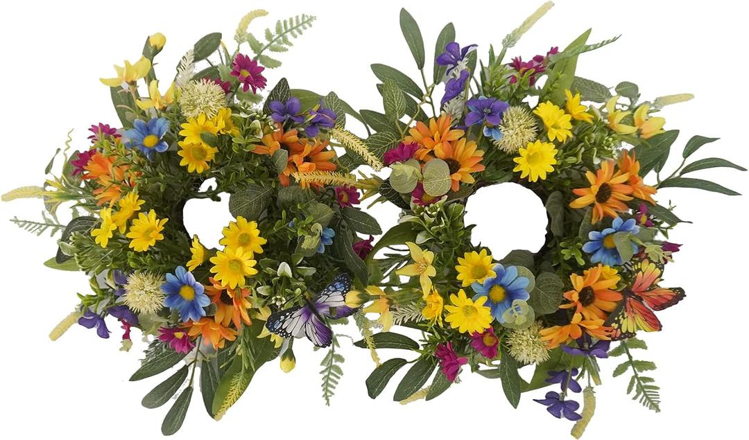 Spring Summer Candle Rings,Floral Candle Rings Wreaths 6 Inch,Daisy and Sunflowers,Mixed Flowers with 2pcs Plastic Candles,Perfect for Spring Decor,Centerpieces for Tables,Indoor Outdoor Home Decor