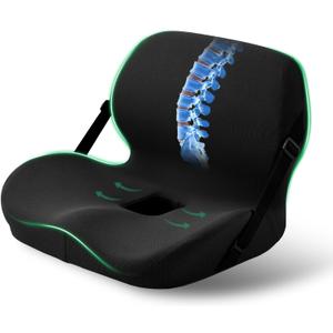 Memory Foam L-Shaped Seat Cushion with Lumbar Support & Adjustable Strap - Tailbone Pain Relief for Office Chair, Car, Home - Non-Slip Bottom, Breathable Mesh Cover (Black)