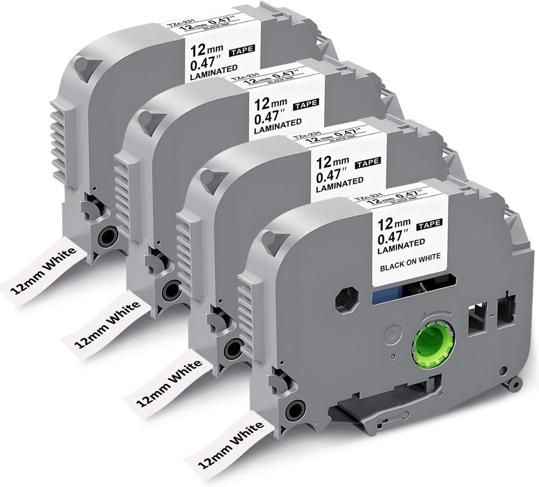 4-Pack Replace for Brother P-Touch Label Tape 12mm 0.47 Laminated White TZe TZ TZe-231 TZe231 Label Maker Tape Refills Work for P Touch PT-H110 PT-H111 PT-D210 PT-D220, Black on White