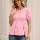 Rapbin Womens Puff Short Sleeve Babydoll Tops Summer Peplum Pleated Cotton T Shirts Casual Loose Fit Flowy Blouses (Pink, S)
