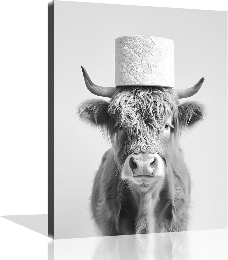 Cow Bathroom Canvas Wall Art Highland Cow Bathroom Decor Funny Animal Toilet Wall Art Black and White Animal Toilet Paper Pictures for Bath Restroom Wall Decor Framed 12X16 inch (16L" x 12W")