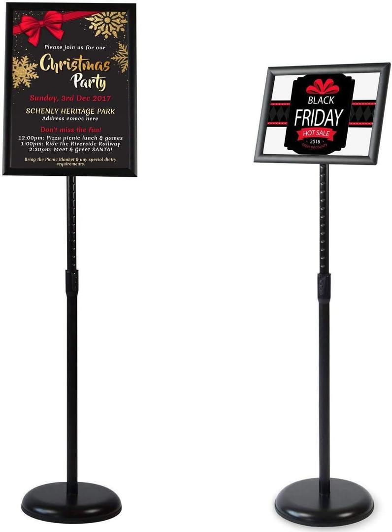 8.5 x 11 Inch Adjustable Pedestal Sign Poster Stand, Heavy Duty Floor Standing Sign Stand Aluminum Snap Open Display Frame for Vertical and Horizontal View Sign Displayed(Black)