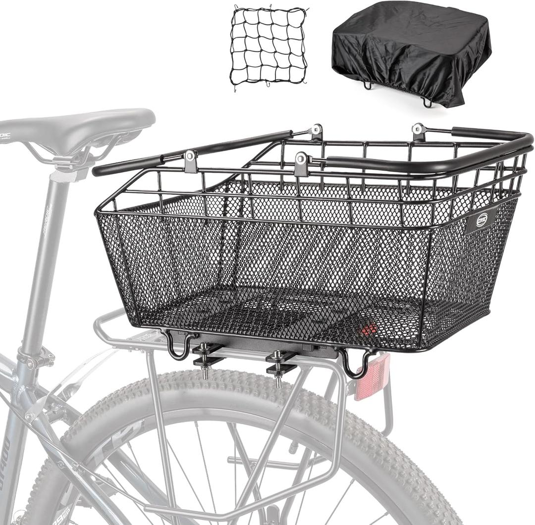 CXWXC Rear Bike Basket with Handle - Quick Release Bicycle Rear Basket with Cargo Net and Waterproof Cover, Wire Bike Baskets Rear Large Capacity (Wire Bike Basket)