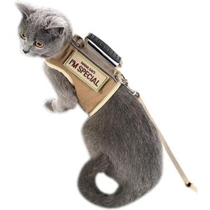 Tactical Cat Harness and Leash for Walking Escape Proof, Adjustable Cat Walking Jackets, Padded Stylish Cat Vest, Khaki, Large (L 8-12LBS)