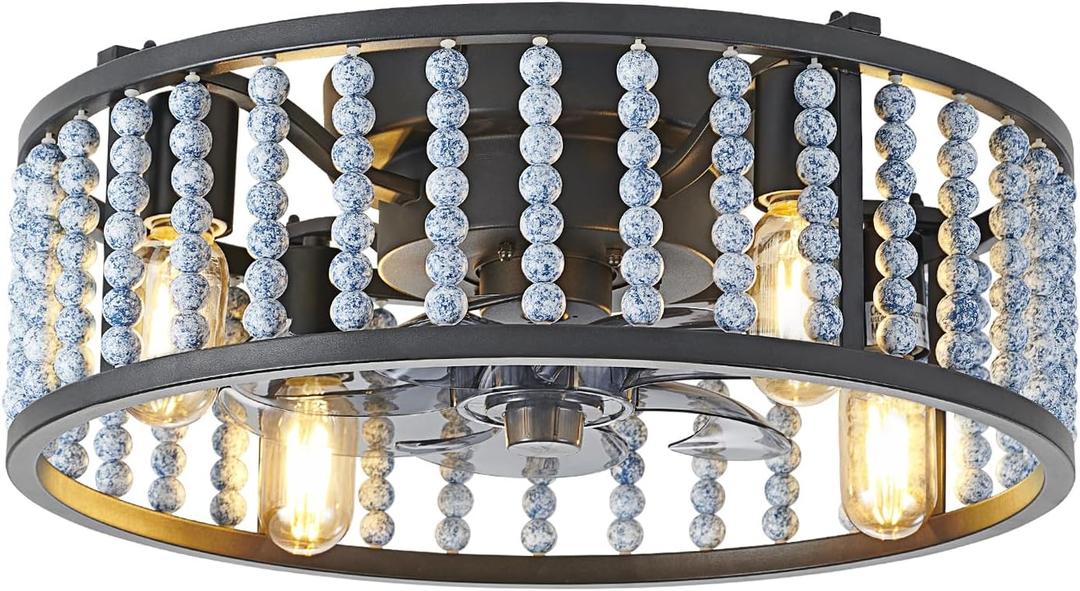 Ceiling Fan with Lights Remote Control, 4-Light Farmhouse Wood Beaded Chandelier, 6 Wind Speed Semi Flush Mount Ceiling Fan with Light for Bedroom Nursery Room Kitchen (Blue white bead with black frame)