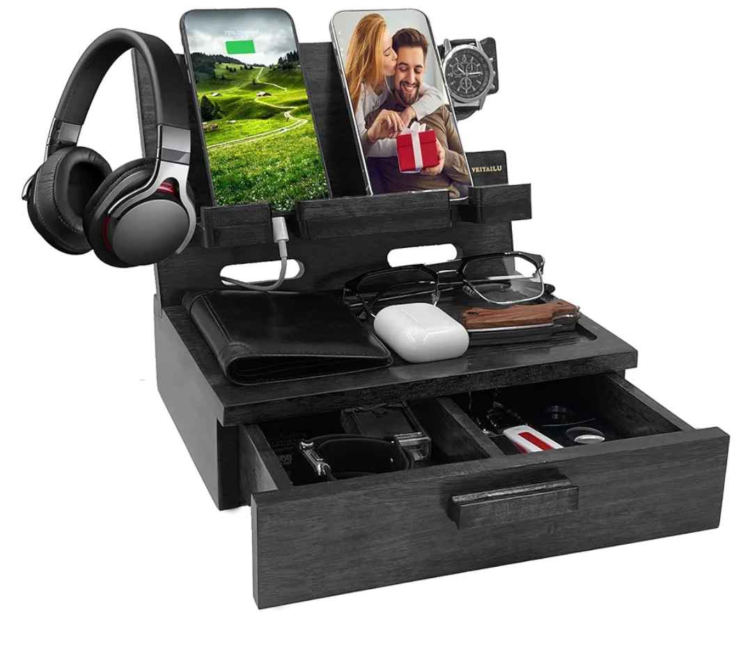 Gifts for Him Husband Boyfriend Son Men Nightstand Organizer Wood Phone Docking Station Birthday Gifts (Black)