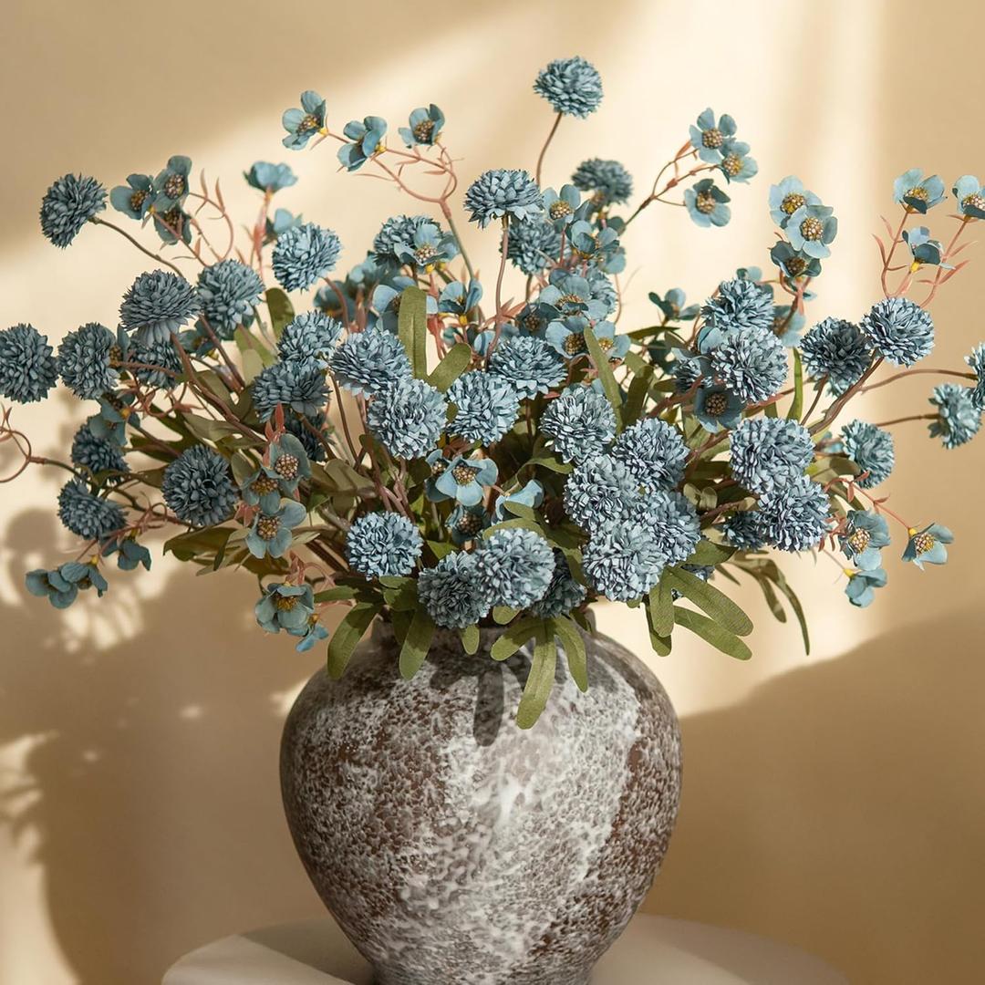 HyeFlora Fake Kiku Flowers, Faux Silk Pompon Mums Artificial Flowers, Chrysanthemum Stems Floral Arrangement Dried Flowers Vintage Decorative Indoor Home Decor Blue with Wax (Vase not Included)