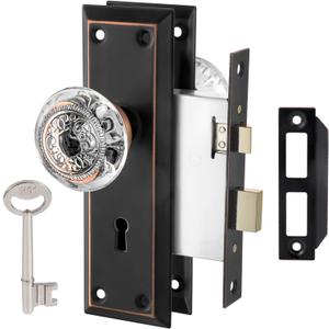 Mortise Lock Set Interior Door, Glass Door Knobs with Lock,Old Style Door Knob Replacement, Vintage Antique Door Lock with Skeleton Key,Classic Oil Rubbed Bronze Finish (1 Pack)
