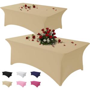 Famstar Table Cloth 2 Pack Champagne 6FT Spandex Tablecloth for Rectangle Fitted Table Cloths Stretch Covers Washable Wrinkle Free Tablecloths for Festival Camping Picnic Wedding Party