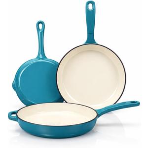 Hisencn Enameled Cast Iron Frying Pan Set, 3 Piece Set of Skillets(8''/9.5''/11''), PFAS & PTFE & PFOA -Free, Gas/Induction/Electric/Oven Compatible, Biscay Blue