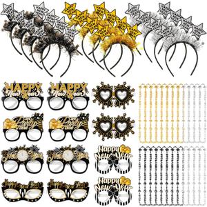 Jutom 48 Pcs New Years Eve Party Supplies Decorations 2026, Happy New Year Necklaces Glitter Funny Eyewear Star Headband Accessories for 2026 Chinese Eve Party Decor Accessories Kit