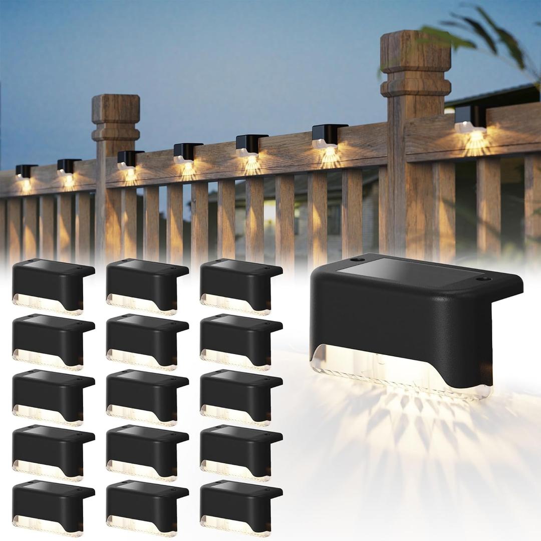 pearlstar 16 Pack Solar Step Lights,Solar Deck Railing Lights Outdoor Waterproof Led Fence Lamp for Patio,Stairs,Garden Pathway,Balcony,Step and Fences(Black)
