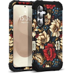 for Galaxy S25 5G Case,3 in 1 Oil Painting Flower Pattern Heavy Duty Shockproof Protection Silicone Rubber Bumper+Hard Plastic Protective Cover for Samsung Galaxy S25,Black Flower