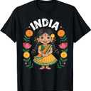 India Flag Culture Pride Cute Indian Girl for Kids T-Shirt (6Y, Black)