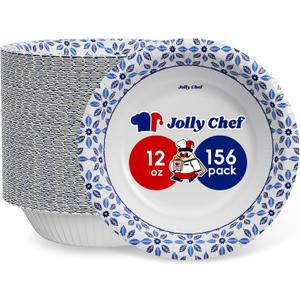 JOLLY CHEF 156 Count Paper Bowls 12 oz Soak Proof, Heavy Duty Printed Disposable Small Bowls Bulk for Dinner or Thanksgiving