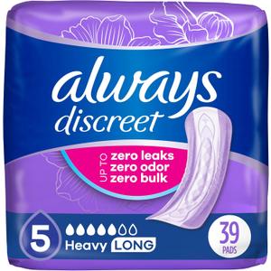 Always Discreet Adult Incontinence Pads for Women, Drier, 5 Drop Long Length, Heavy Absorbency, Pads for Bladder Control Management, Bladder Leaks, & Postpartum Pads, 39ct